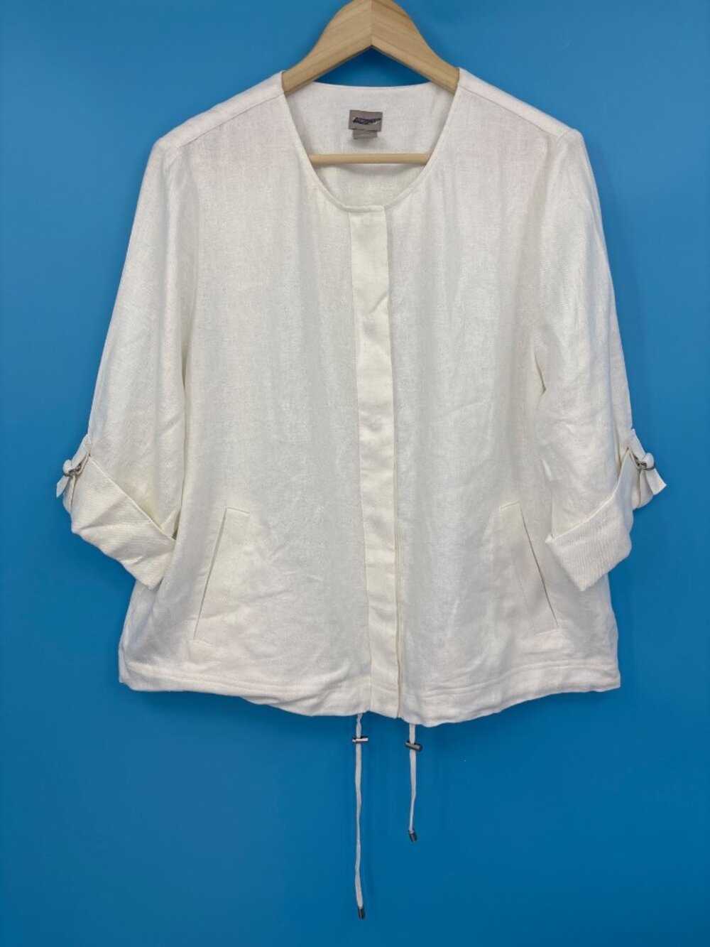 Chico's Utility Linen Roll Tab Sleeve Hidden Button Jacket White Sz 3 (16/18) XL
